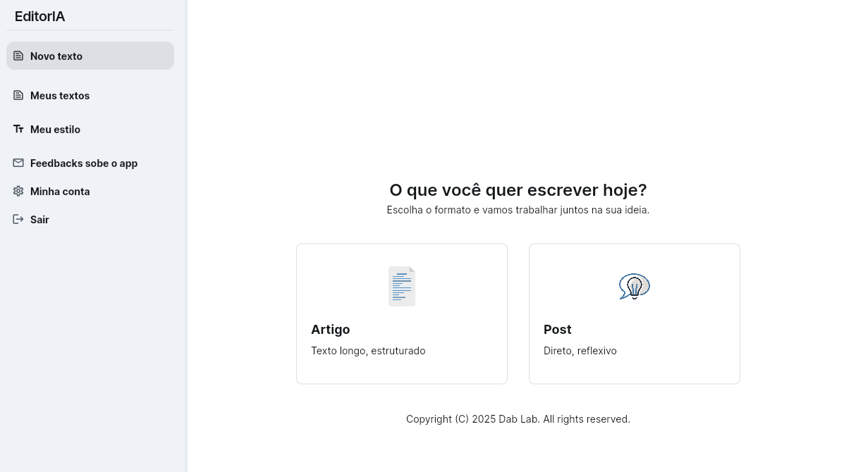 Tela de escolha de formato no EditorIA