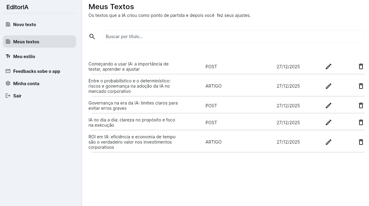 Lista de textos criados no EditorIA