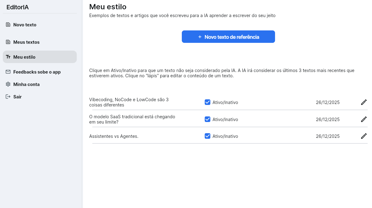 Tela de configuração de estilo no EditorIA